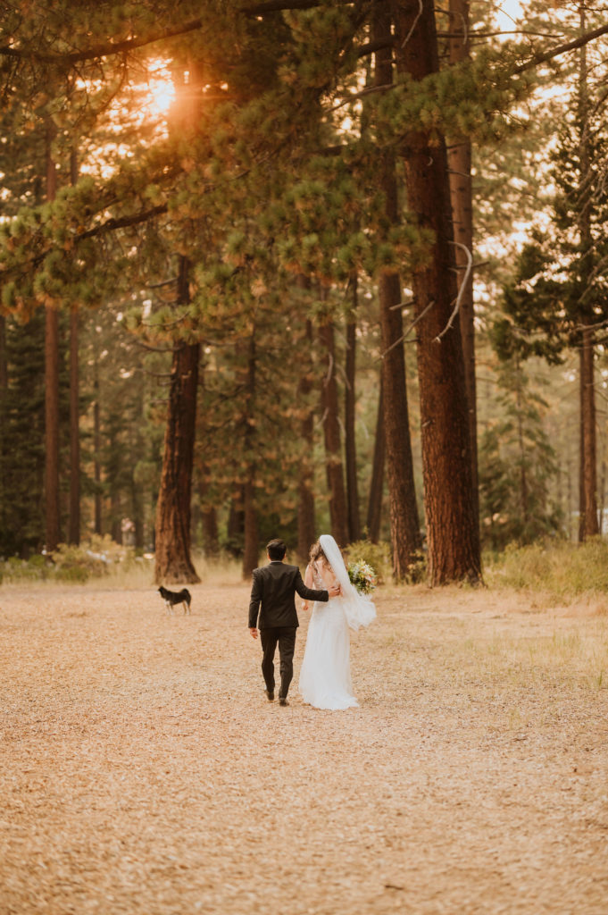 A couple on their wedding day walking through the woods with their dog.