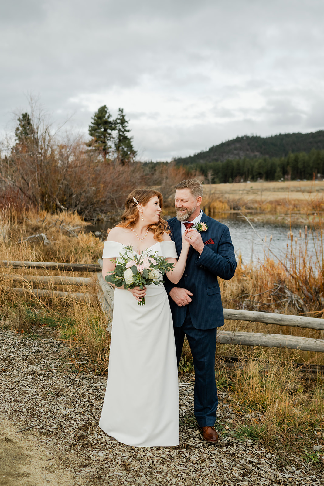 South Lake Tahoe wedding portraits with pine trees, meadow, and alpine backdrop