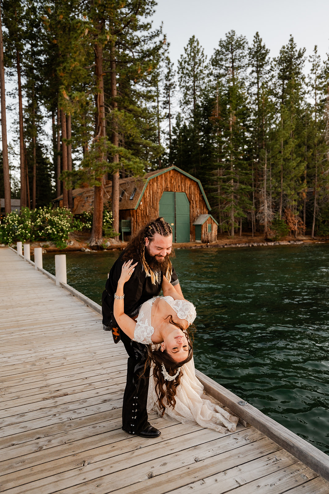 Editorial wedding portraits of a couple in Renaissance attire on the Valhalla Tahoe pier.